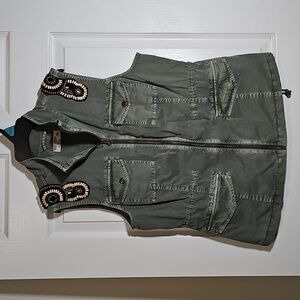 Ruff Hewn Beaded Utility Vest Jacket Green Cotton Adjustable Waist Size M